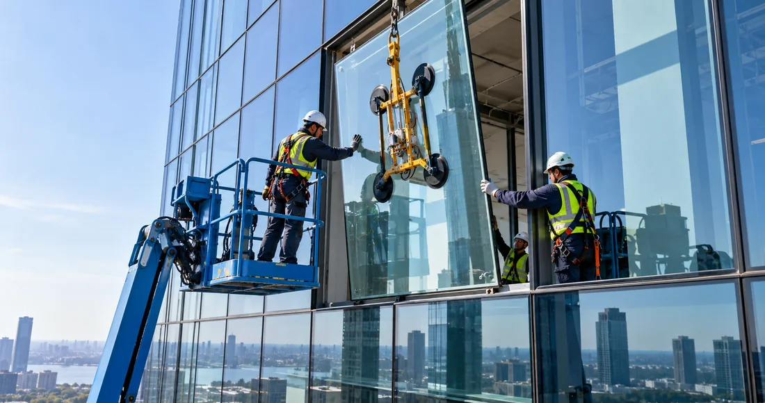 Illustration of facade glass installation